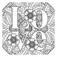 mots d'amour avec des fleurs de mehndi pour l'ornement de griffonnage de page de livre de coloriage vecteur