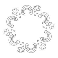 aime le cadre de doodle vectoriel monoline d'arcs-en-ciel, de coeur et de nuages. guirlande dessinée à la main saint valentin avec fond. décor pour carte de voeux, mariage, superpositions de photos, flyer, conception d'affiches