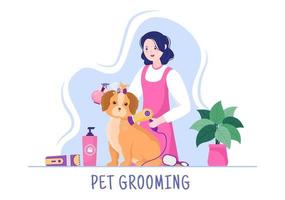 toilettage pour animaux de compagnie pour chiens et chats en illustration de fond plat dessin animé dessinés à la main. les principaux outils utilisés dans un salon de beauté pour une affiche ou une bannière vecteur