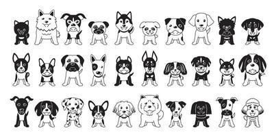 différents types de chiens de couleur noire de dessin animé de vecteur sur fond blanc