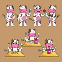 jeu de dessin animé mignon dessin animé de vache dans différentes poses de manger vecteur