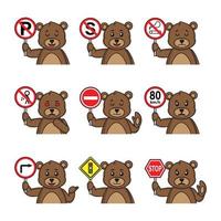 jeu de dessin animé ours en peluche mignon dans des poses racontant différents panneaux de signalisation vecteur