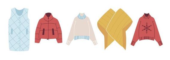 définir des vêtements d'hiver à la mode. doudoune, gilet en duvet, pull tricoté, veste kimono. vêtements modernes pour le printemps, l'automne ou l'hiver. illustration vectorielle dans un style plat isolé sur fond blanc vecteur