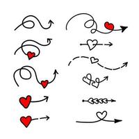 flèche de doodle linéaire avec coeur rouge. amour pointeur, trajectoire, comme. élément de conception de vecteur pour les médias sociaux, la saint valentin et les conceptions romantiques
