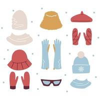 ensemble d'accessoires d'hiver tendance bonnets et mitaines. vêtements d'hiver modernes pour le printemps, l'automne ou l'hiver. illustration vectorielle simple dans un style plat isolé sur fond blanc vecteur