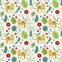 tigre avec safari plantes et fleurs fond vectorielle continue. conception de motifs animaux drôles pour les enfants vecteur