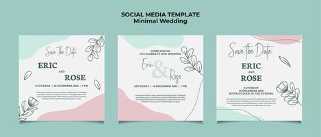 modèle de publication sur les médias sociaux dinvitation de mariage minimal avec dessin au trait de cadre floral feuille et fleur dessinées à la main vecteur