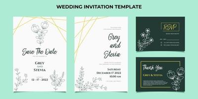 modèle d'invitation de mariage minimal avec cadre floral dessin au trait feuille et fleur dessinées à la main vecteur
