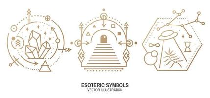 symboles ésotériques. vecteur. insigne géométrique en fine ligne. icône de contour pour l'alchimie, la géométrie sacrée. conception mystique et magique avec cristaux, soleil, vol d'ovni, étoiles, porte vers un autre monde et lune. vecteur