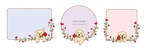 cadre avec chien golden retriever de dessin animé tenant une fleur de rose rouge dans la bouche, joli chien amoureux le jour de la saint valentin donne un cadre d'illustration cadeau vecteur