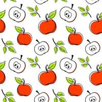 motif de pommes rouges dessinées à la main sans soudure fond de fruits illustration de vecteur de conception de style plat isolé sur fond blanc avec des feuilles et un noyau en tranches.