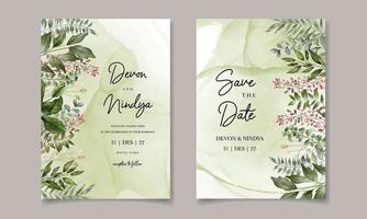 carte d'invitation de mariage avec une belle décoration de feuilles vertes à l'aquarelle vecteur