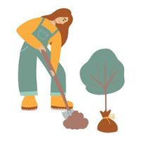 illustration vectorielle de femme qui plante des arbres. concept de jardinage et d'aménagement paysager. la fille creuse le sol. vecteur