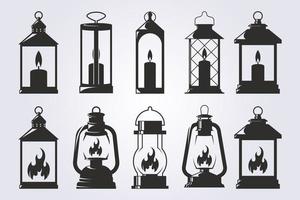 ensemble et bundle et divers silhouette lanterne ou lampe suspendue ou bougie illustration icône symbole logo vecteur conception style rétro vintage