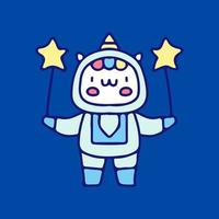 licorne mignonne en costume d'astronaute tenant un doodle de dessin animé d'étoiles. illustration pour t-shirt, affiche, logo, autocollant ou marchandise vestimentaire. vecteur