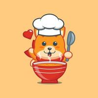 personnage de dessin animé mignon chat chef mascotte avec soupe vecteur