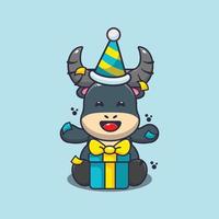 illustration de dessin animé de mascotte de buffle mignon à la fête d'anniversaire vecteur