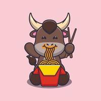 illustration de dessin animé de mascotte de taureau mignon mangeant des nouilles vecteur