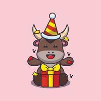 illustration de dessin animé de mascotte de taureau mignon à la fête d'anniversaire vecteur