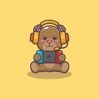 illustration de dessin animé de mascotte d'ours mignon jouant au jeu vecteur