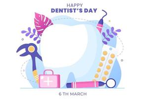 journée mondiale du dentiste avec dent et brosse à dents pour prévenir les caries et les soins de santé en illustration de fond de dessin animé plat adapté à l'affiche ou à la bannière vecteur