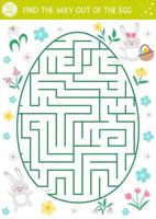 labyrinthe de pâques pour les enfants avec des lapins mignons en forme d'oeuf. activité imprimable préscolaire de vacances. jeu de jardin de printemps amusant ou puzzle avec des animaux et des fleurs. trouver le moyen de sortir de l'œuf. vecteur