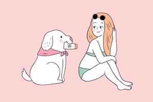 Vecteur de dessin animé femme et chien été mignon.