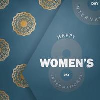 carte postale journée internationale de la femme en bleu avec ornement en or vintage vecteur