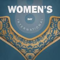 carte de voeux 8 mars journée internationale de la femme en bleu avec des ornements en or de luxe vecteur