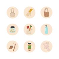les grandes lignes du concept de zéro déchet et de recyclage. icônes sac tricoté, thermocup, brosse à dents, poudre, éco, tampons de coton, pâtes, shopper, légumes, noix, bouteille d'eau. illustration vectorielle. vecteur