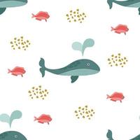 baleine bleue, poisson rose et sable. modèle sans couture sur fond blanc. collection marine. illustration vectorielle pour l'impression sur papier, tissu, emballage textile. vecteur