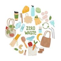 le zéro déchet est un ensemble d'éléments pour le concept d'articles réutilisables et de recyclage. éco-sacs pour nourriture, légumes, gant de toilette, bouteille d'eau, sacs, thermocup, couvre-chaussures. illustration vectorielle.