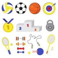 grand ensemble d'équipements de sport et de fitness. jouer aux balles, cible avec flèche, médaille d'or, piédestal, haltères et poids. corde à sauter, tennis et badminton. accessoires d'entraînement et d'exercices vecteur