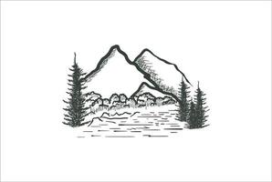 montagne avec rivière ruisseau et pin conifère à feuilles persistantes sapins cyprès mélèzes forêt logo design vecteur