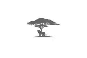 acacia africain avec silhouette de lion pour le vecteur de conception de logo d'aventure safari