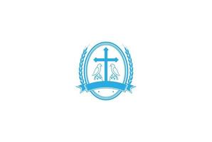 croix chrétienne de jésus rétro vintage avec emblème d'insigne d'oiseau pigeon colombe pour vecteur de conception de logo de chapelle d'église