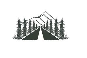 route rue chemin avec pin de montagne sapin à feuilles persistantes conifères cyprès mélèzes forêt logo design vecteur