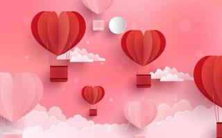 Joyeuse saint Valentin. montgolfière en forme d'amour. conception d'art en papier vecteur