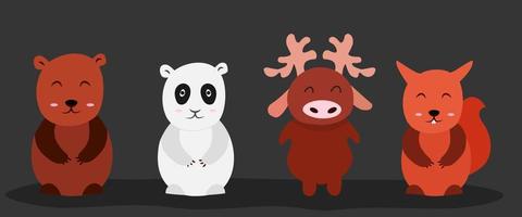 ensemble de vecteurs d'animaux sauvages mignons. panda ours brun écureuil cerf zoo forêt affiche pour modèle enfants. drôle de visage souriant animaux doux de style plat. jouet de dessin animé irréaliste de forme simple vecteur