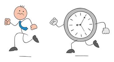 homme d'affaires stickman a peur de l'horloge et s'enfuit, illustration vectorielle de dessin animé dessiné à la main vecteur
