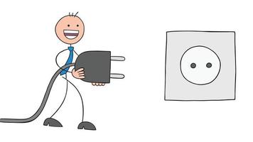 homme d'affaires stickman marche et porte la fiche à la prise, illustration vectorielle de dessin animé contour dessiné à la main vecteur