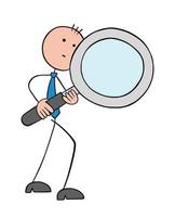 homme d'affaires stickman tenant une loupe et examinant, illustration vectorielle de dessin animé contour dessiné à la main vecteur