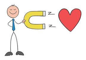 homme d'affaires stickman attire le coeur, l'amour ou la santé avec aimant, illustration vectorielle de dessin animé contour dessiné à la main vecteur