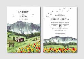 invitation de mariage de paysage de nature verdoyante avec aquarelle florale et maison vecteur