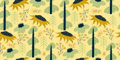 motif harmonieux de printemps scandinave avec tournesol, fleurs et arbres. motif minimaliste forestier. illustration vectorielle plane. vecteur