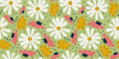 modèle sans couture de camomille avec des fleurs dans un style scandinave. fleurs de marguerite avec pissenlit et fleur simple sur fond vert pour les dessins d'enfants. illustration vectorielle plane vecteur