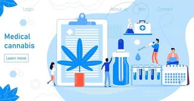 vecteur de concept de cannabis médical. de petits médecins montrent les avantages de la marijuana médicale, des médicaments cannabinoïdes. bouteille avec de l'huile de cbd. page d'accueil des soins de santé, modèle