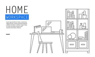 illustration vectorielle de l'espace de travail à domicile dans le style décrit. adapté à l'élément de conception du travail à domicile et à la configuration confortable du bureau de travail intérieur. vecteur