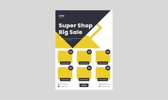 modèle de conception de flyer de vente de supermarché. grande vente enregistre maintenant le modèle de flyer. dépliant super boutique de couleur jaune avec le catalogue de produits. vecteur