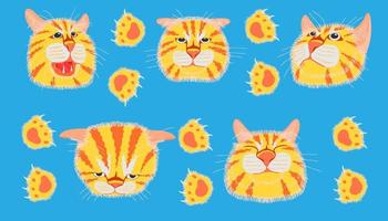 tête de chat d'élément différent émotion et empreinte drôles et mignonnes. illustration vectorielle eps10 vecteur